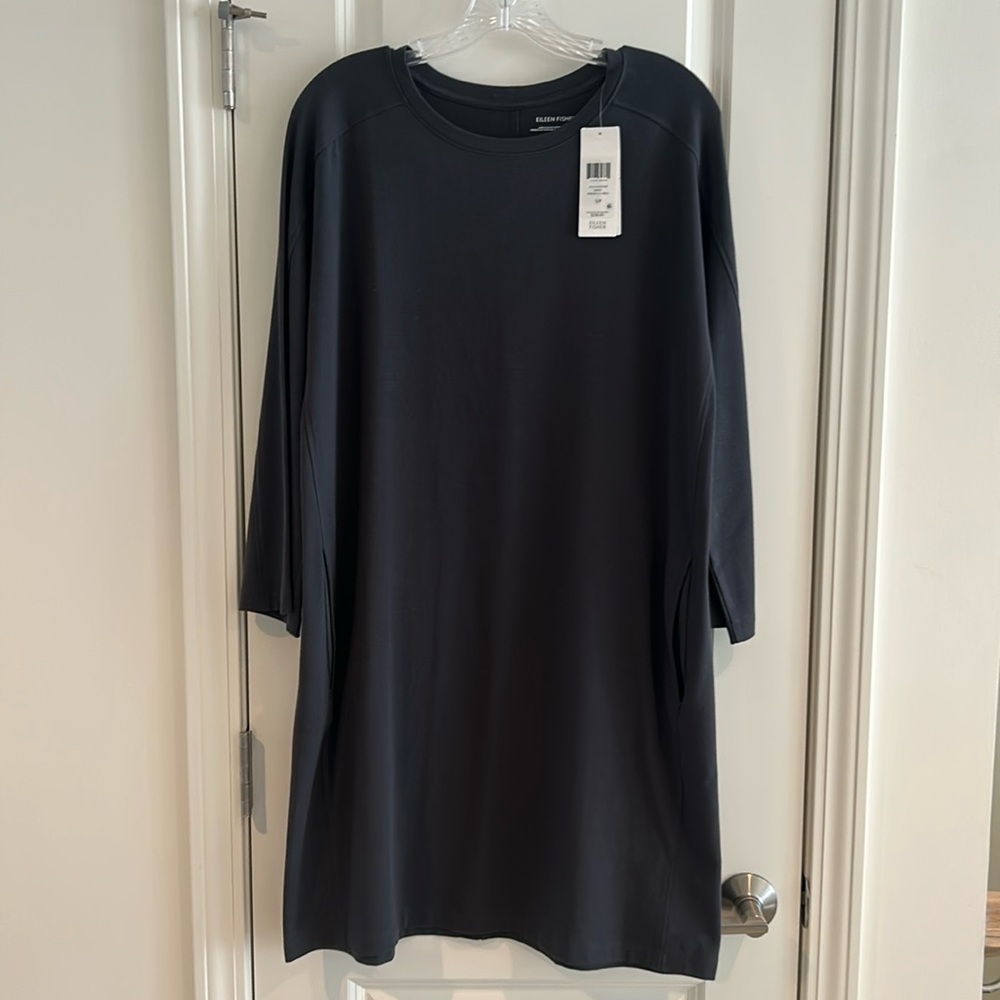 Eileen Fisher charcoal, jersey swing dress with pockets.?